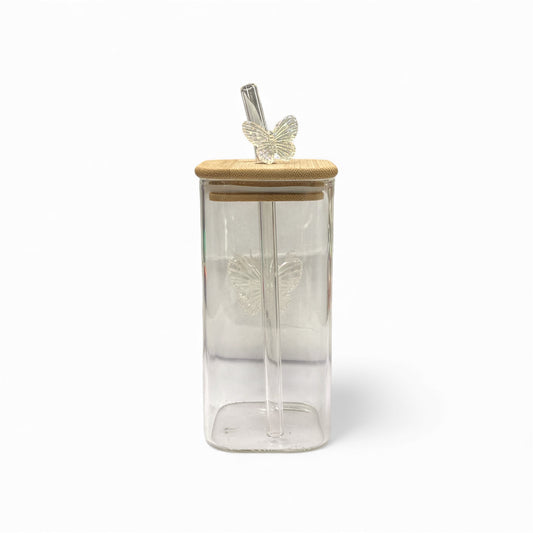 BIGMAN White Butterfly Coffee & Tea Glass Cup With Straw 250ml