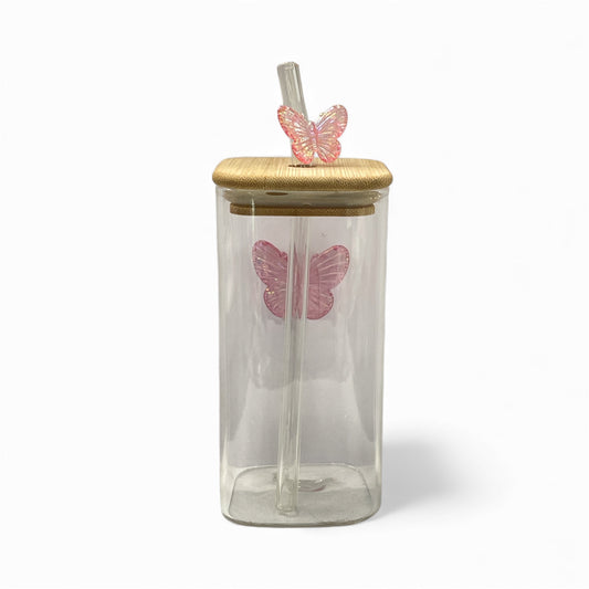 BIGMAN Pink Butterfly Coffee & Juice Glass Cup With Straw 250ml
