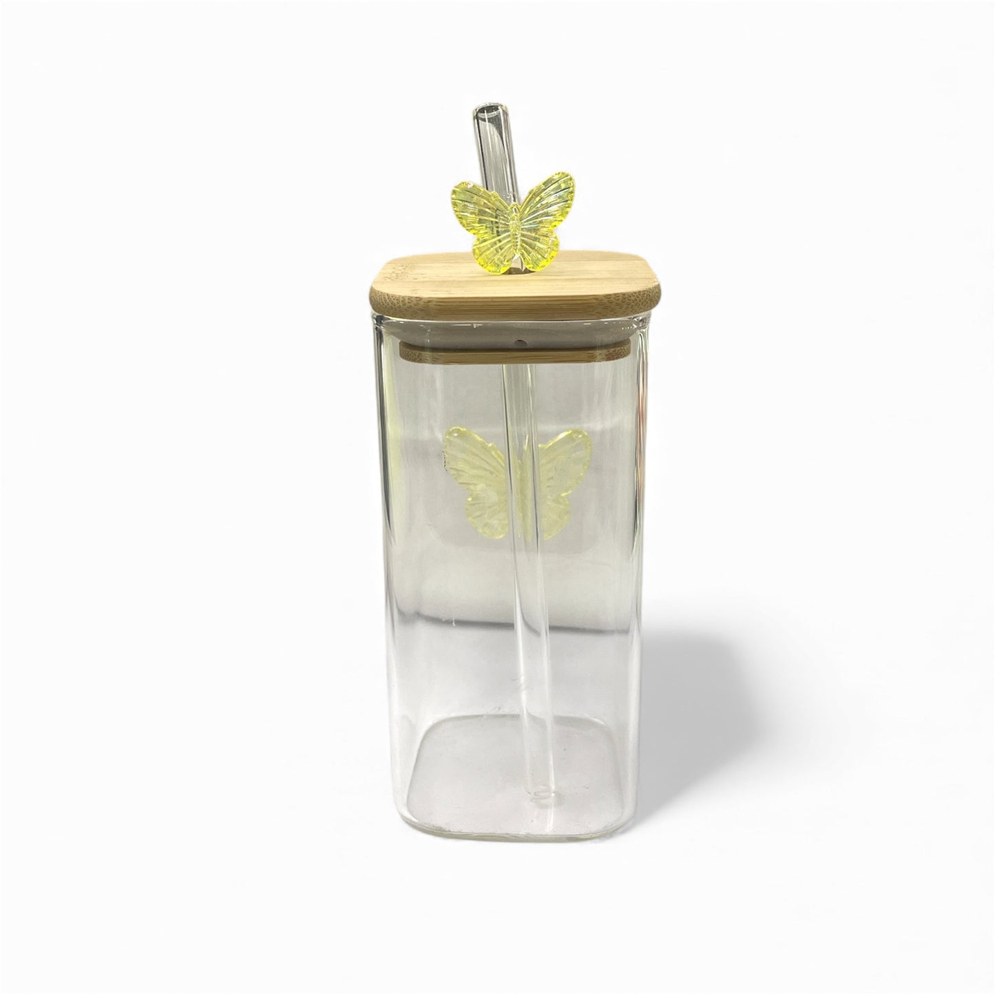 BIGMAN Yellow Butterfly Coffee & Juice Glass Cup With Straw 250ml