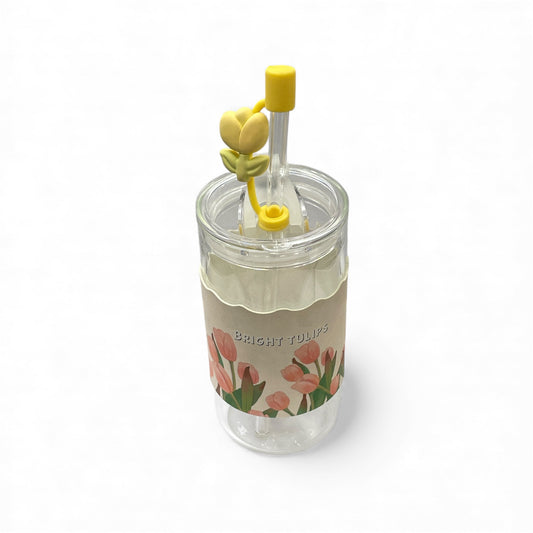 BIGMAN Pink Bright Tulips Floral Coffee & Juice Glass Cup With Straw 350ml