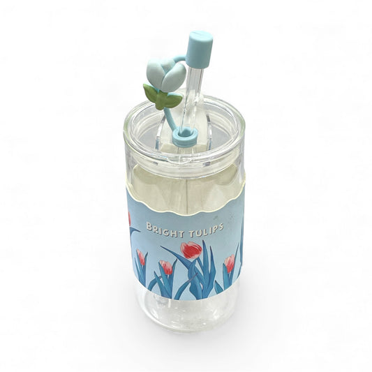 BIGMAN Blue Bright Tulips Floral Coffee & Juice Glass Cup With Straw 350ml