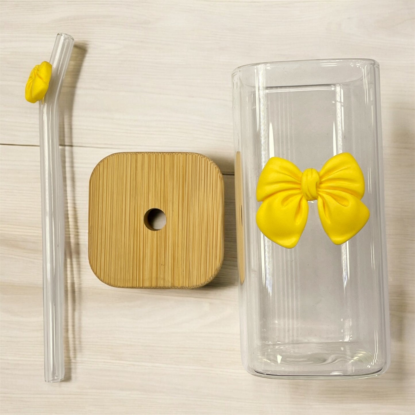 BIGMAN Yellow Bow Coffee & Juice Glass Cup with Straw 250ml