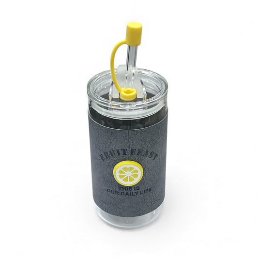 BIGMAN Grey Fruit Feast Coffee & Juice Glass Cup With Straw 350ml