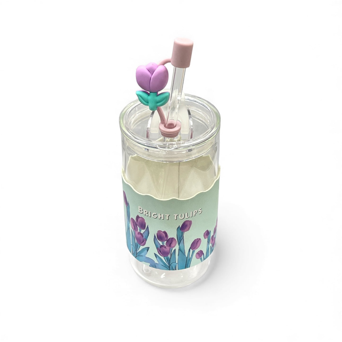 BIGMAN Purple Bright Tulip Floral Coffee & Juice Glass Cup With Straw 350ml