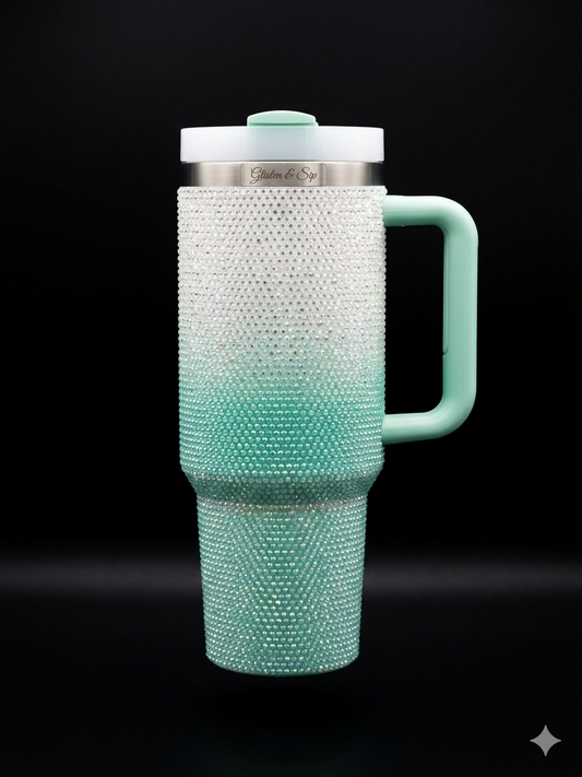Glacier Glow 40oz Tumbler – Premium Rhinestone Insulated Mug with Handle & Lid | Large Capacity Travel Cup for Hot & Cold Drinks | Stylish Mint Gradient Sparkle Design