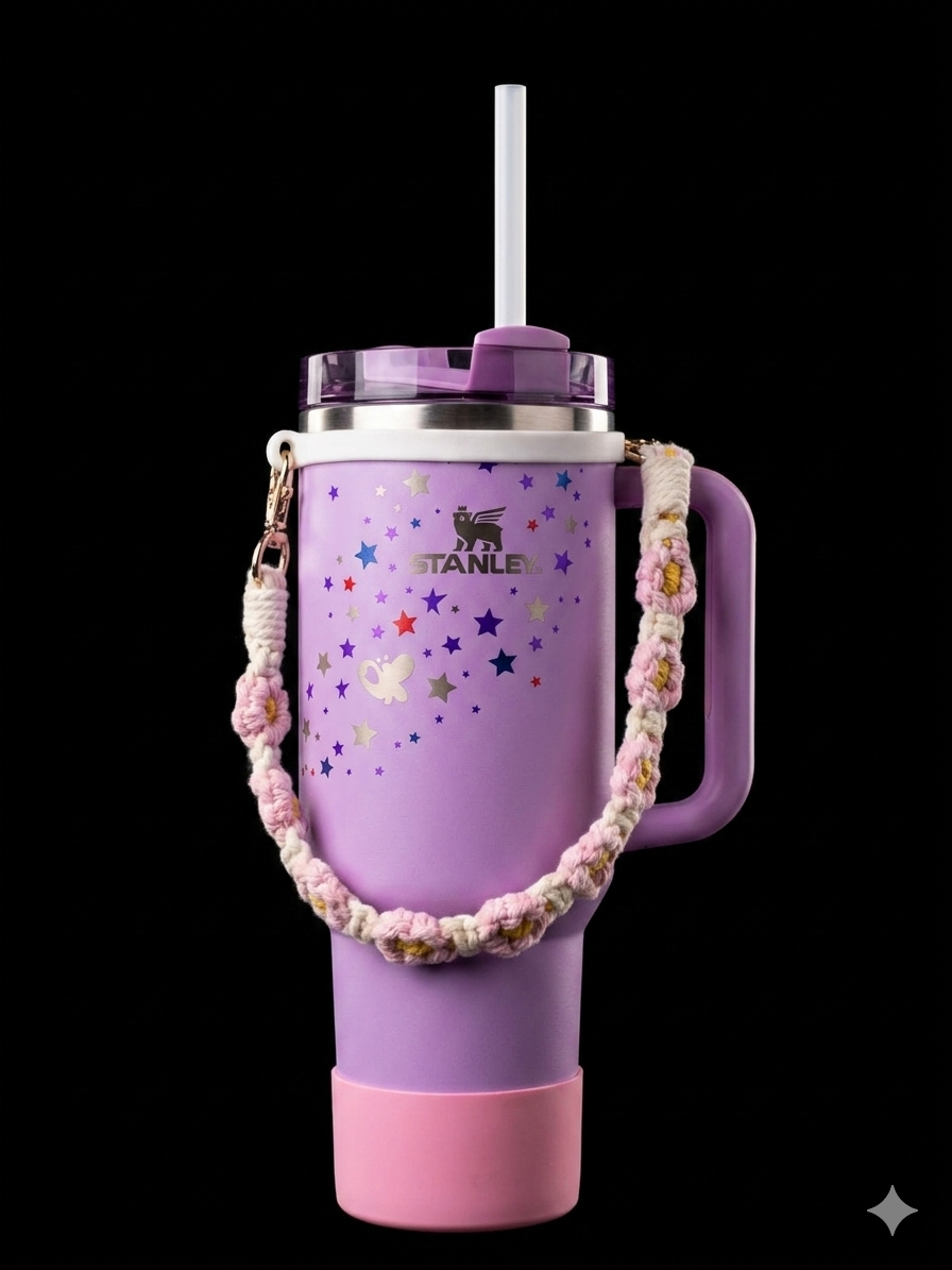 Bigman SnuggleStar Cup 40oz Insulated Tumbler with Handle & Straw | Stainless Steel Vacuum Travel Mug | Cute Star Design with Crochet Strap Keeps Drinks Hot & Cold