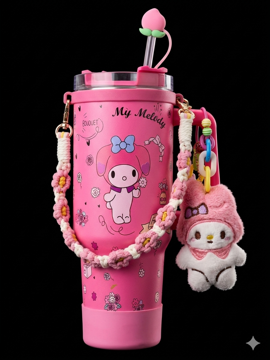 Bigman CuddleBloom 40oz Insulated Tumbler with Handle & Straw | Stainless Steel Vacuum Travel Mug | Cute Floral & Plush Charm Design Keeps Drinks Hot & Cold for Hours