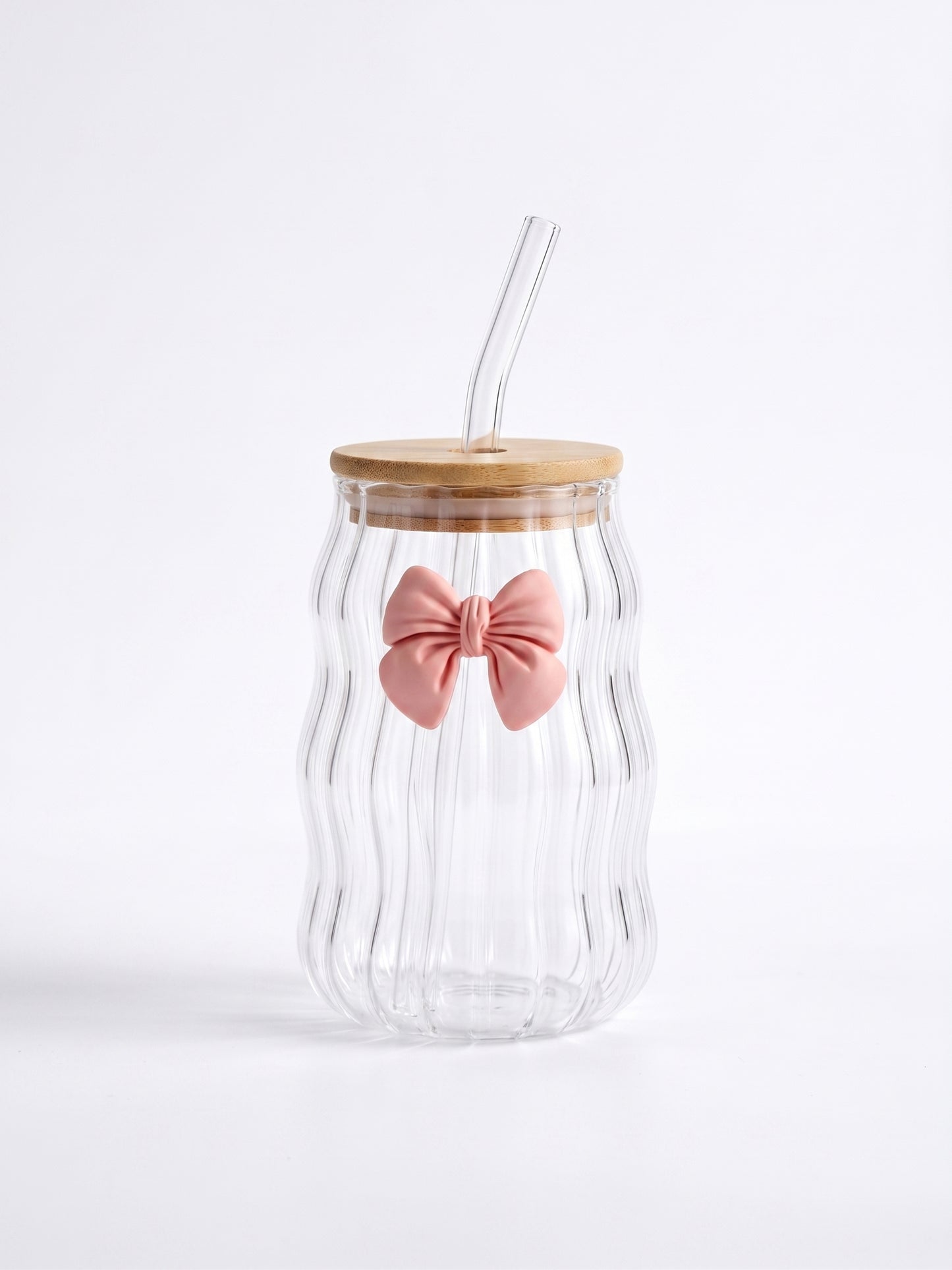 Bigman Wavy Ripple Glass Can Tumbler with Bamboo Lid & Straw