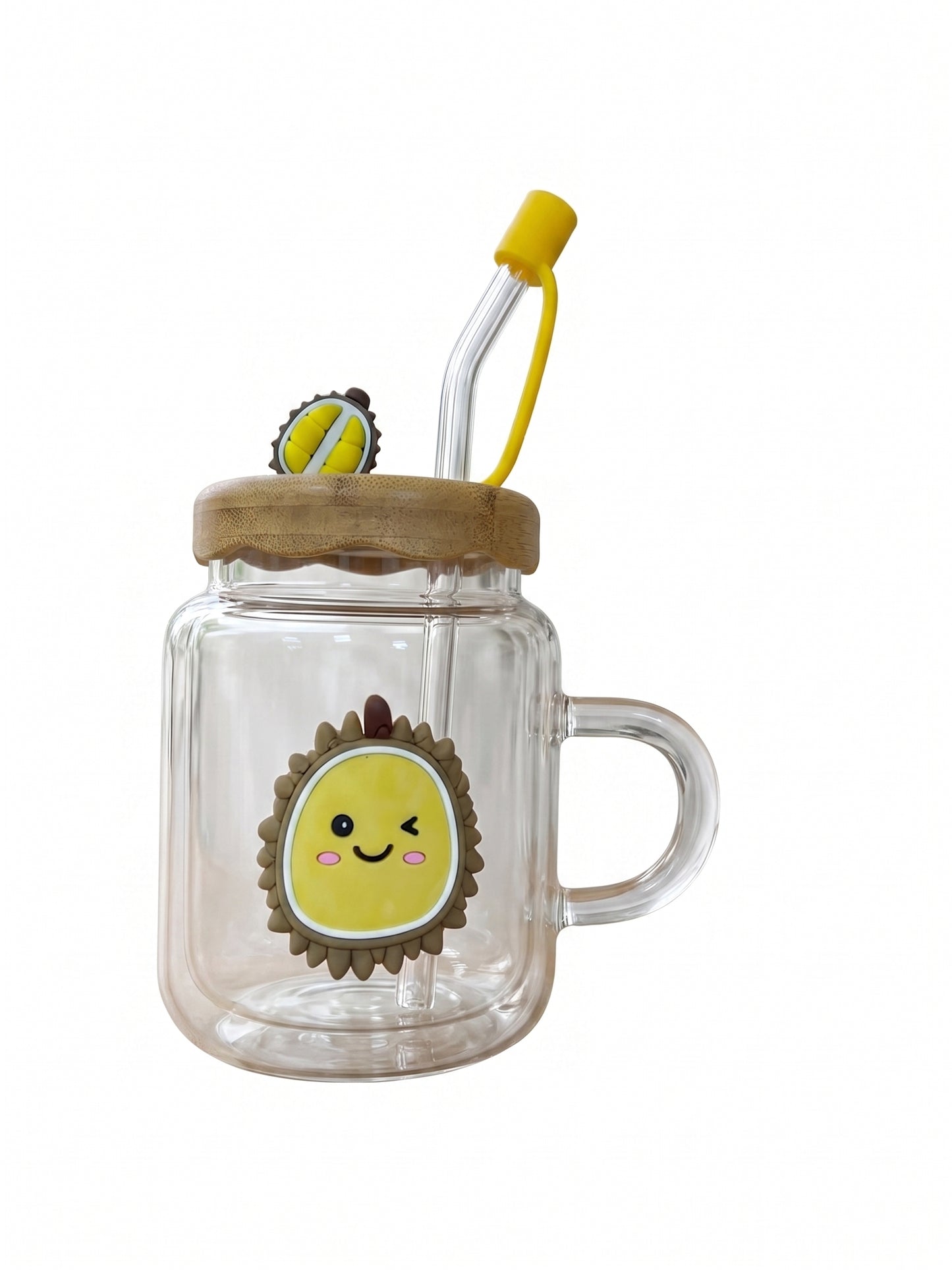 Bigman Cute Durian Glass Mason Mug with Handle & Straw