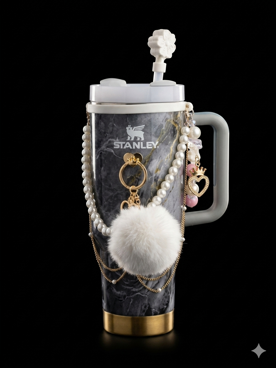 Bigman TrendSip 40oz Tumbler – Premium Insulated Travel Mug with Handle & Straw, Aesthetic Marble Design with Charm Accessories for Women & Girls