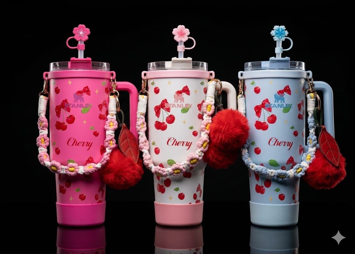 Bigman CherryGlow Premium 40oz Tumbler β Cute Cherry Printed Insulated Travel Mug with Straw & Accessories