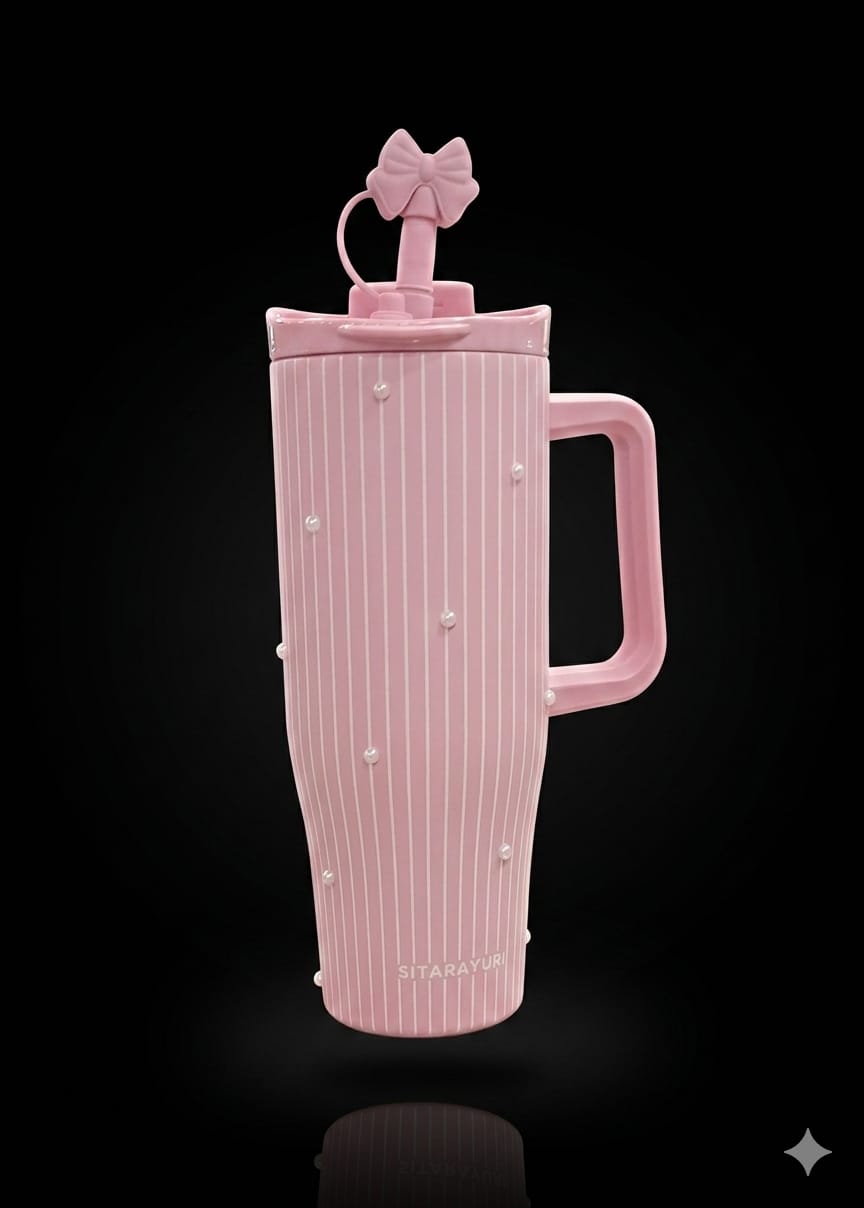 Bigman PearlMist Premium Sitarayuri 40oz Tumbler β Luxury Insulated Travel Mug with Pearl Details, Straw & Handle