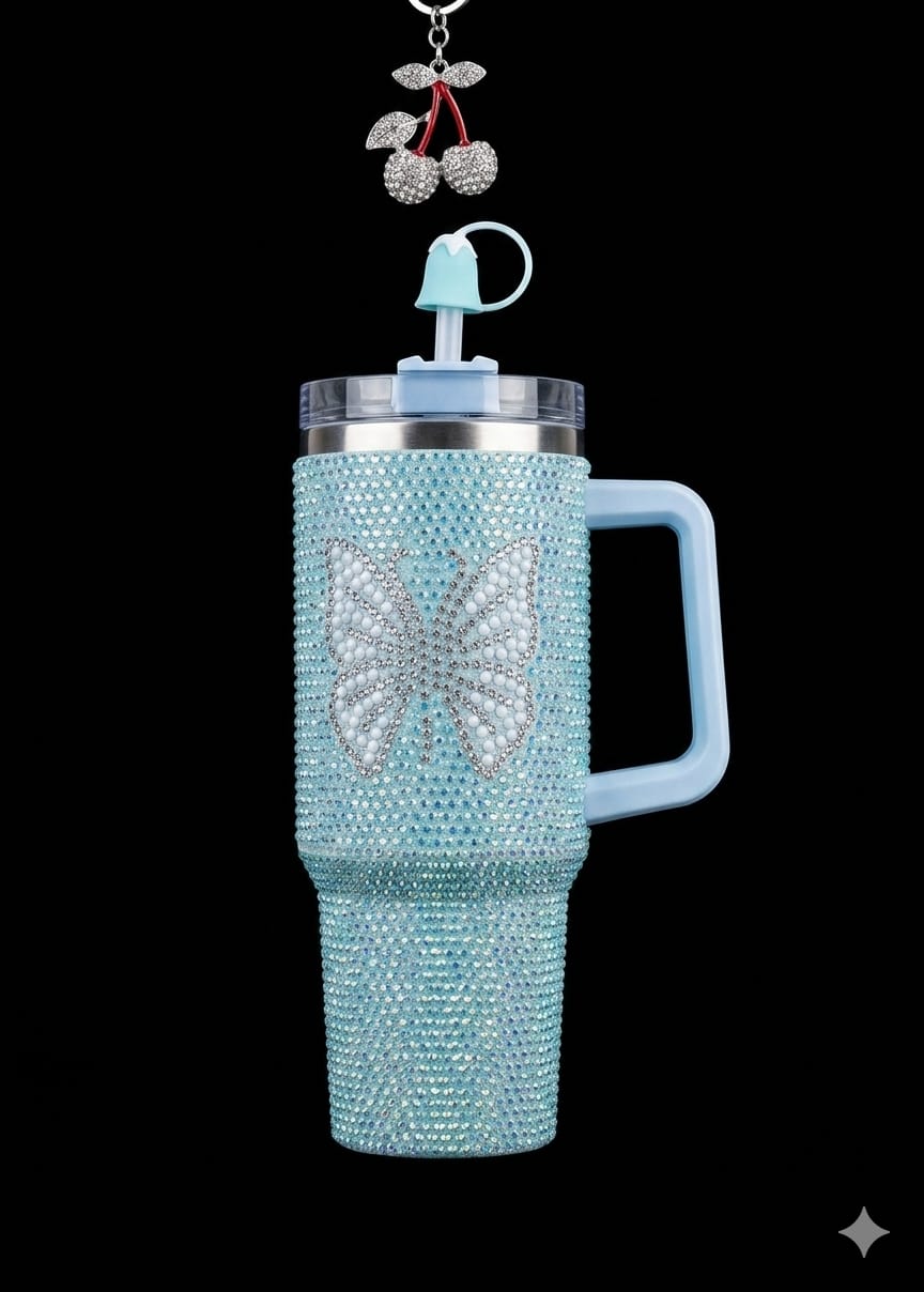 Bigman ButterflyBliss 40oz Rhinestone Insulated Tumbler with Handle & Straw | Luxury Butterfly Bling Stainless Steel Travel Mug