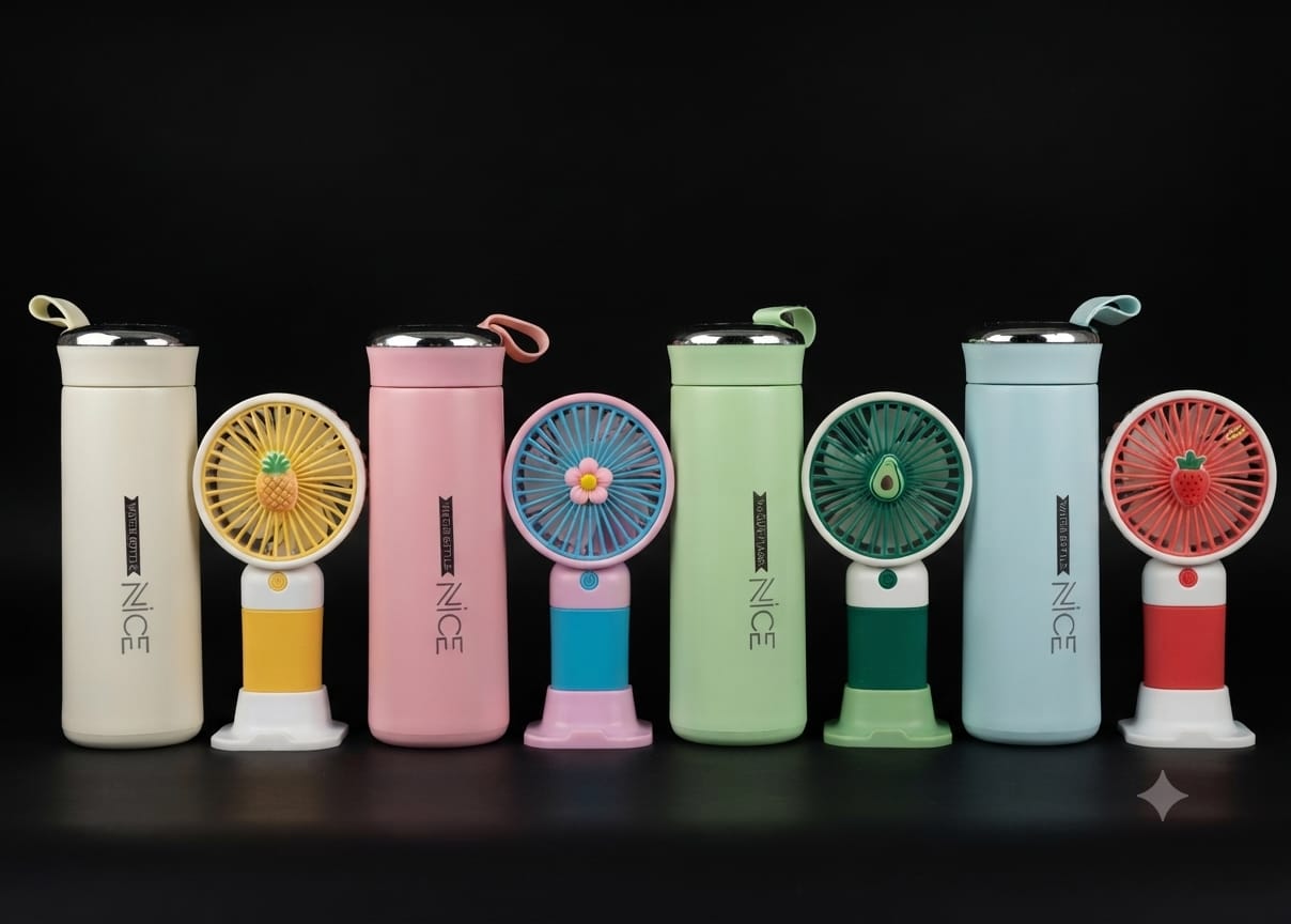 Bigman Insulated Stainless Steel Water Bottle & Portable Mini Fan Gift Set | Hot & Cold Combo