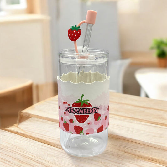 BIGMAN Strawberry Edition Coffee & juice Glass Cup With Straw 350ml