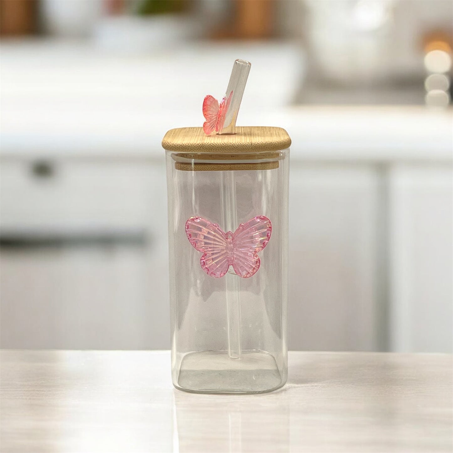 BIGMAN Pink Butterfly Coffee & Juice Glass Cup With Straw 250ml