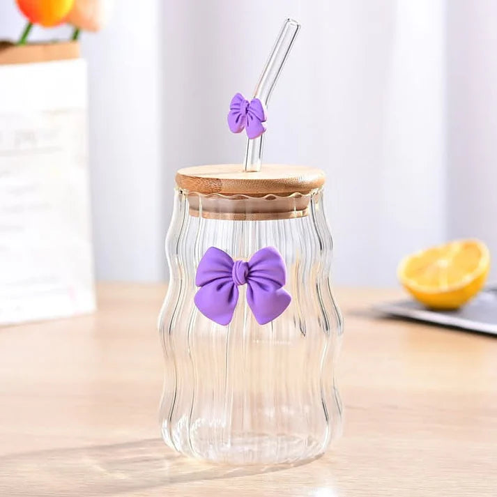 BIGMAN BowLuxe Glass Tumbler with Bamboo Lid & Straw – Cute Bow Design Aesthetic Drinking Cup, Reusable Clear Glass Coffee Cup for Iced Coffee, Juice, Smoothies, 400-500ml