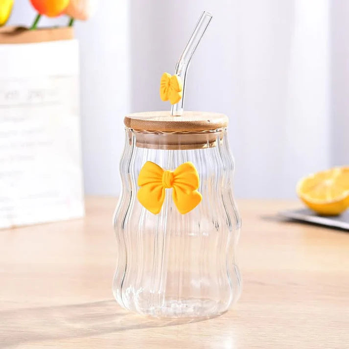 BIGMAN BowLuxe Glass Tumbler with Bamboo Lid & Straw – Cute Bow Design Aesthetic Drinking Cup, Reusable Clear Glass Coffee Cup for Iced Coffee, Juice, Smoothies, 400-500ml