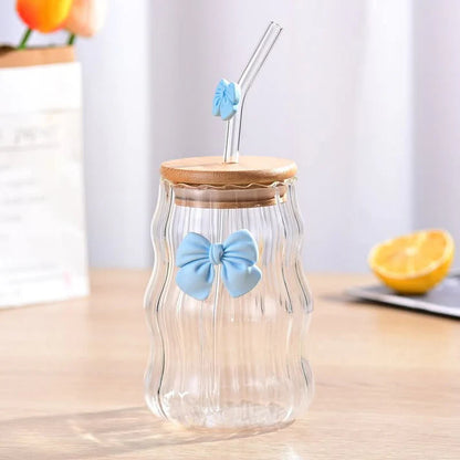 BIGMAN BowLuxe Glass Tumbler with Bamboo Lid & Straw – Cute Bow Design Aesthetic Drinking Cup, Reusable Clear Glass Coffee Cup for Iced Coffee, Juice, Smoothies, 400-500ml