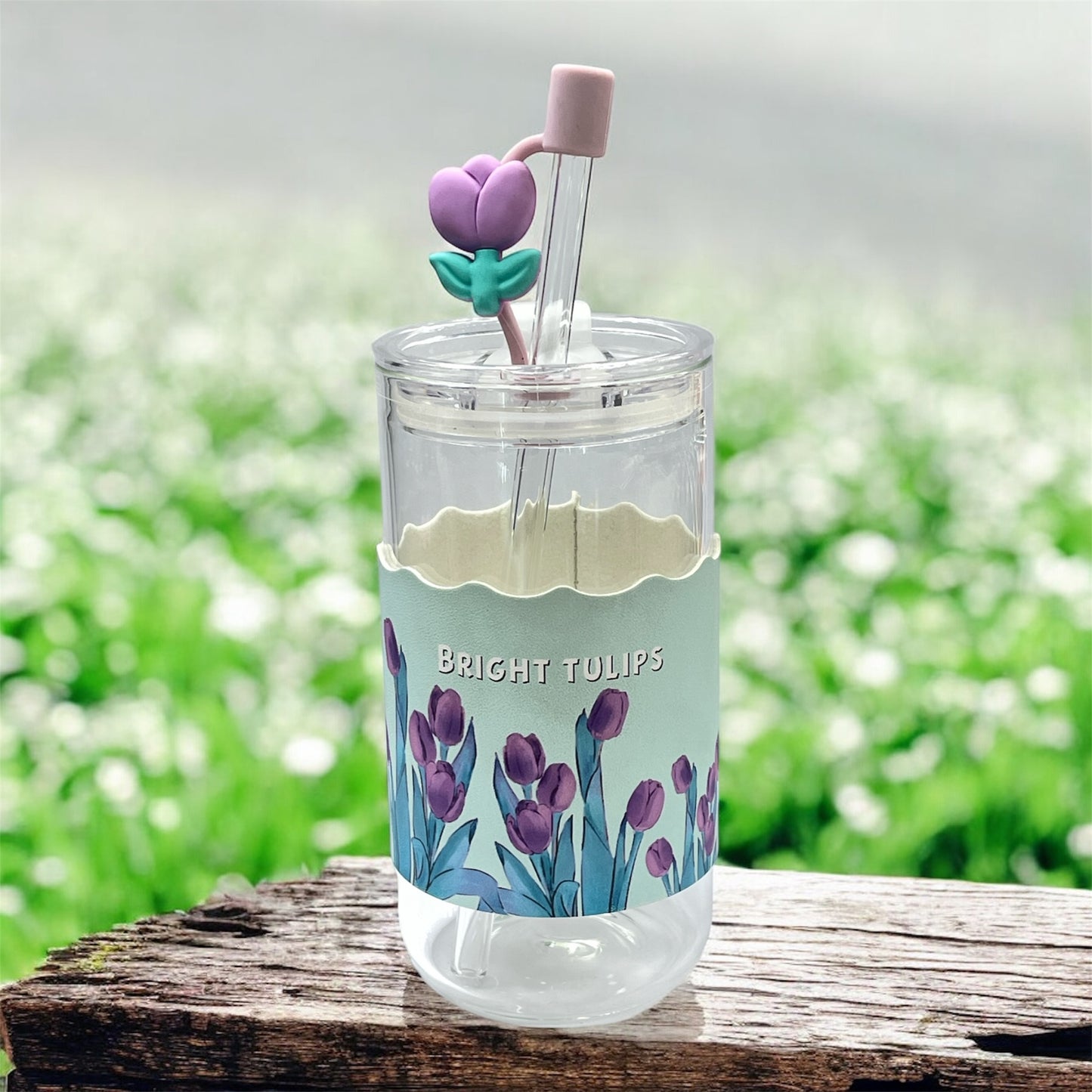 BIGMAN Purple Bright Tulip Floral Coffee & Juice Glass Cup With Straw 350ml