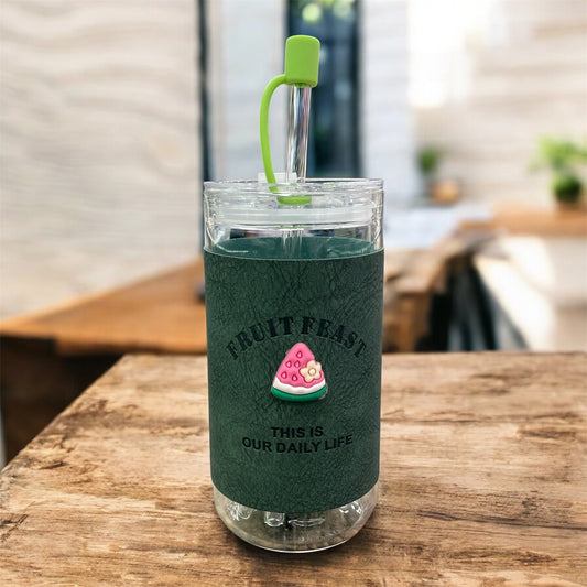 BIGMAN Green Fruit Feast Coffee & Juice Glass Cup with Straw 350ml