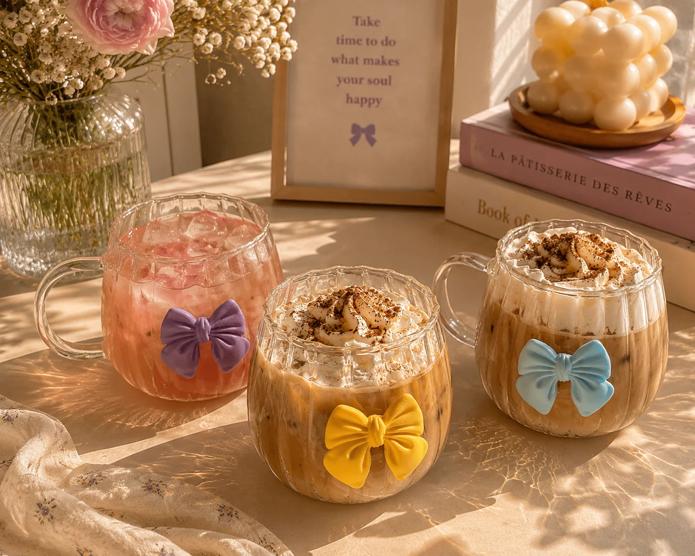 Three glass cups with decorative bows on a table with flowers and books in the background