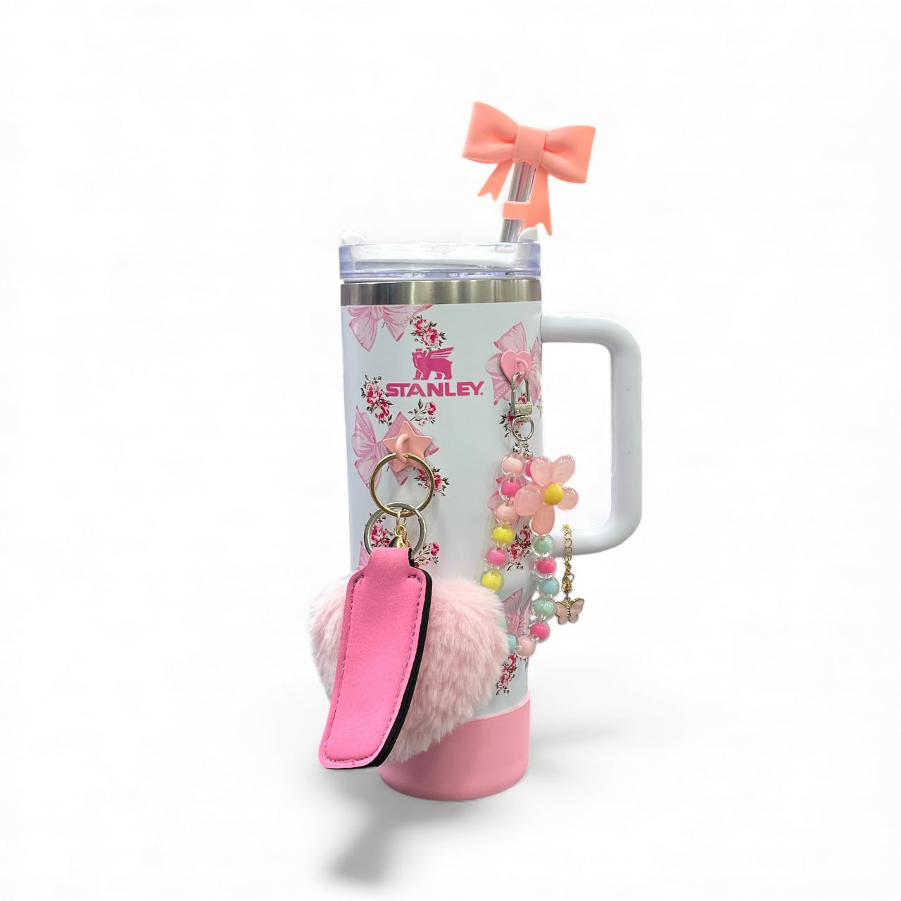 BIGMAN White Floral Bow Stanley Tumbler 40oz With Accessories