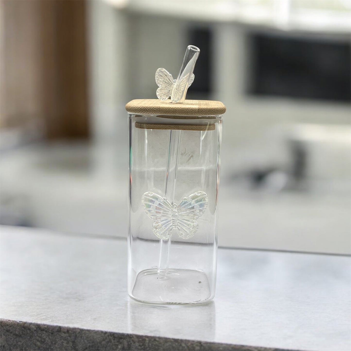 BIGMAN White Butterfly Coffee & Tea Glass Cup With Straw 250ml