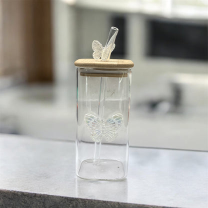 BIGMAN White Butterfly Coffee & Tea Glass Cup With Straw 250ml