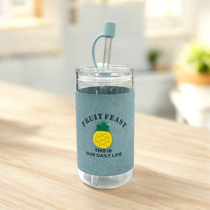 BIGMAN Blue Fruit Feast Coffee & Juice Glass Cup With Straw 350 ml