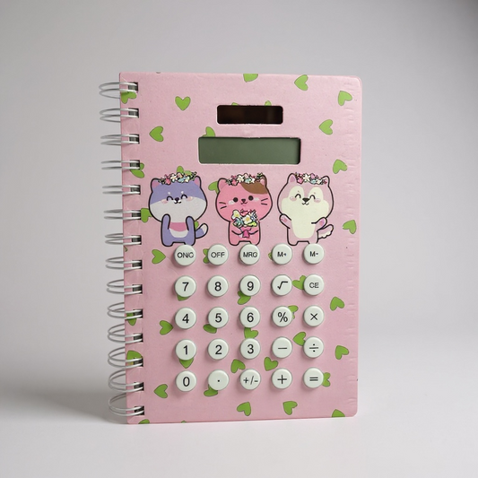 BIGMAN Pink Cat Spiral Notebook with Solar Calculator