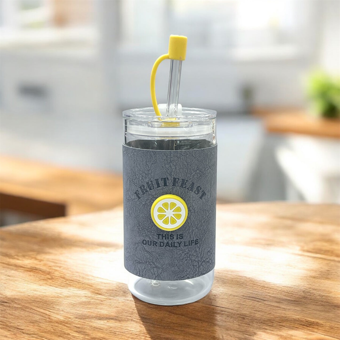 BIGMAN Grey Fruit Feast Coffee & Juice Glass Cup With Straw 350ml