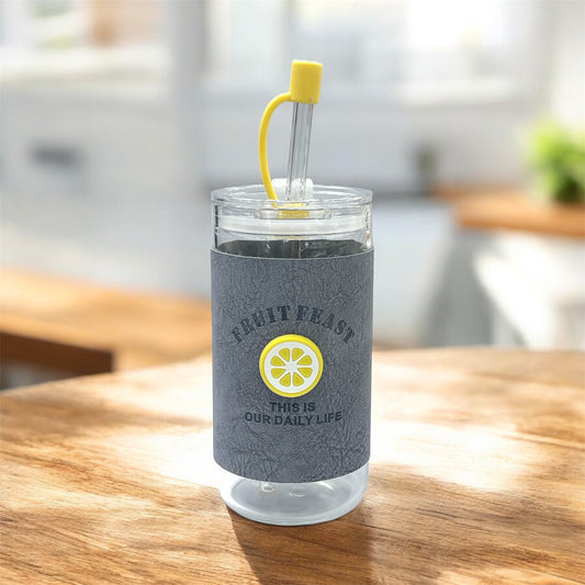 BIGMAN Grey Fruit Feast Coffee & Juice Glass Cup With Straw 350ml