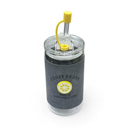 BIGMAN Grey Fruit Feast Coffee & Juice Glass Cup With Straw 350ml