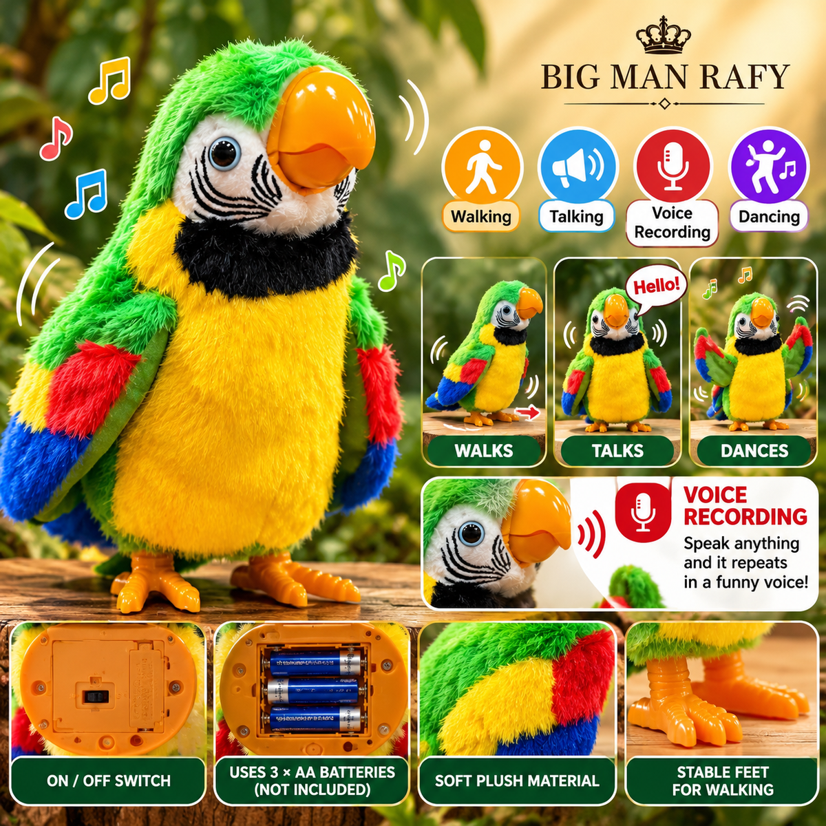 Dancing Talking Parrot Toy with Voice Recording, Walking & Music Features