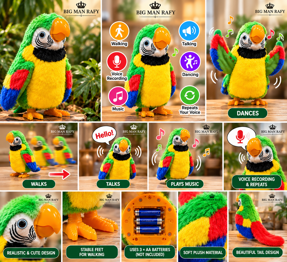 Dancing Talking Parrot Toy with Voice Recording, Walking & Music Features