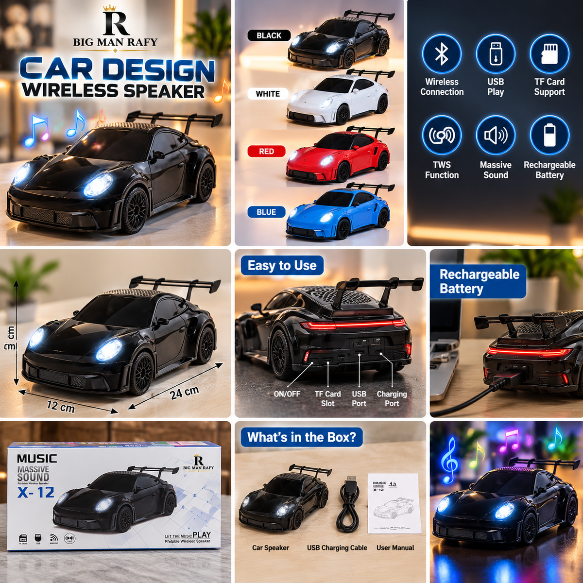 Portable Sports Car Music Speaker with LED Headlights,
