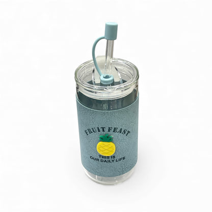 BIGMAN Blue Fruit Feast Coffee & Juice Glass Cup With Straw 350 ml