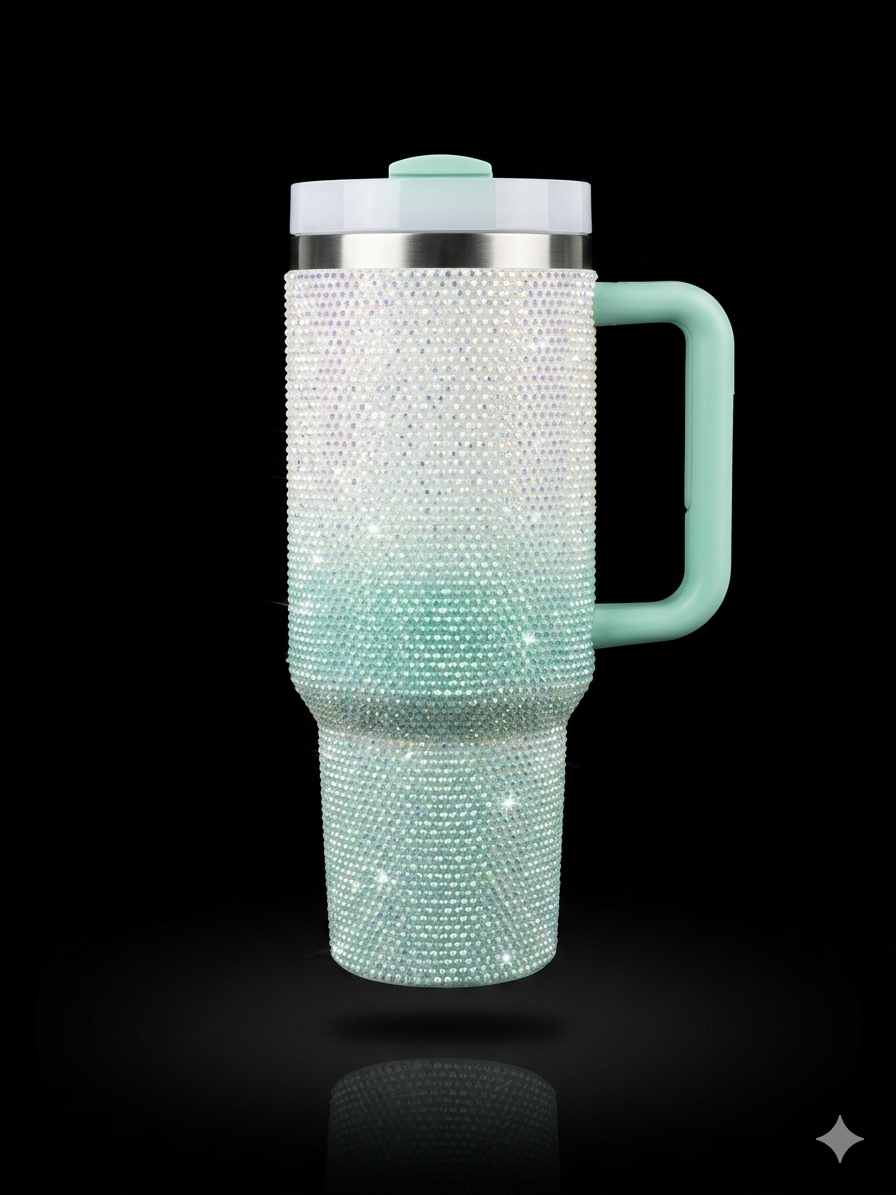 Glacier Glow 40oz Tumbler – Premium Rhinestone Insulated Mug with Handle & Lid | Large Capacity Travel Cup for Hot & Cold Drinks | Stylish Mint Gradient Sparkle Design