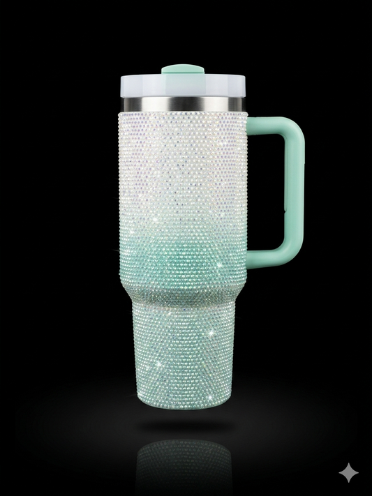 Glacier Glow 40oz Tumbler – Premium Rhinestone Insulated Mug with Handle & Lid | Large Capacity Travel Cup for Hot & Cold Drinks | Stylish Mint Gradient Sparkle Design