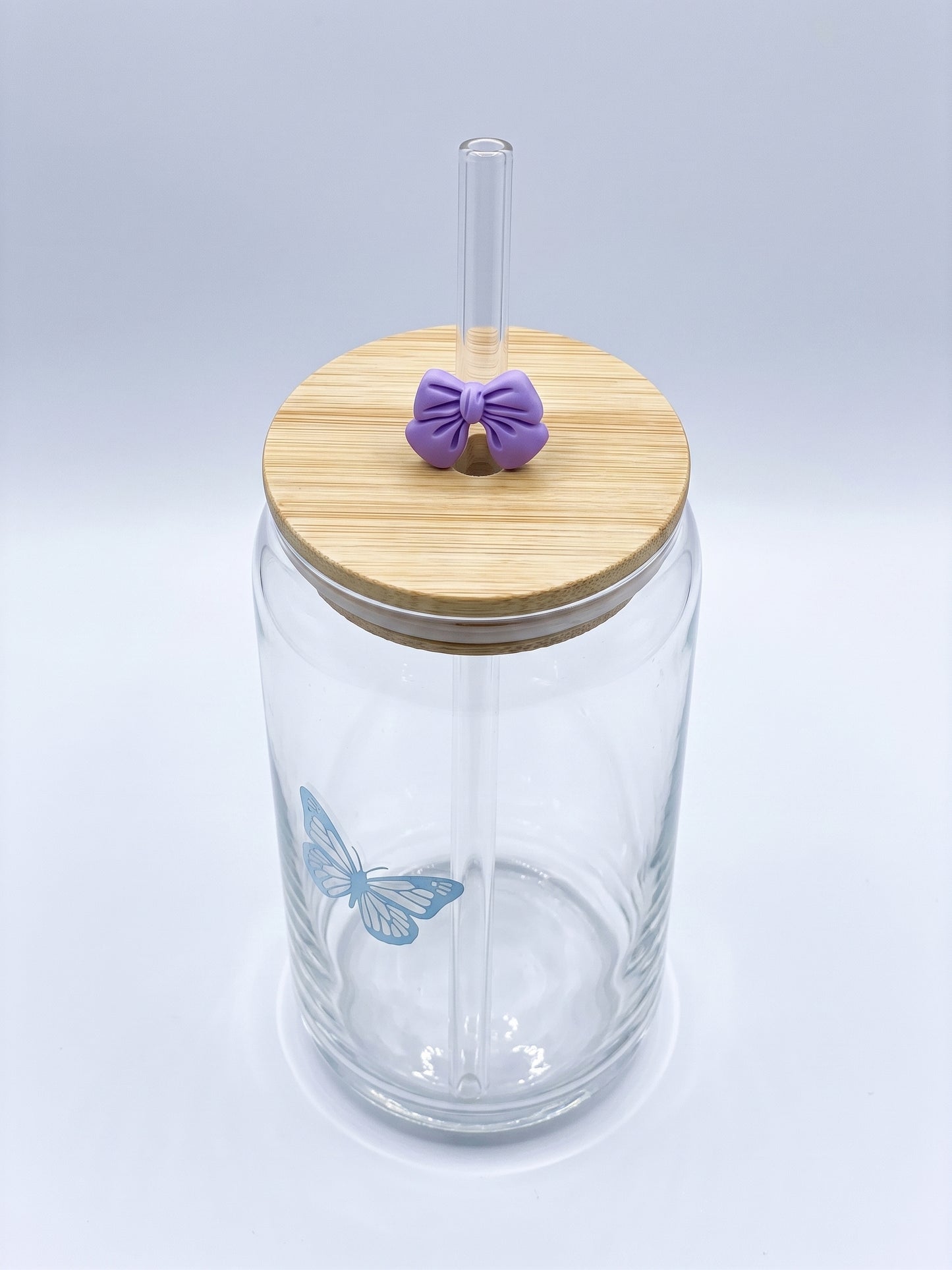 Bigman Butterfly Glass Can Tumbler with Bamboo Lid & Straw