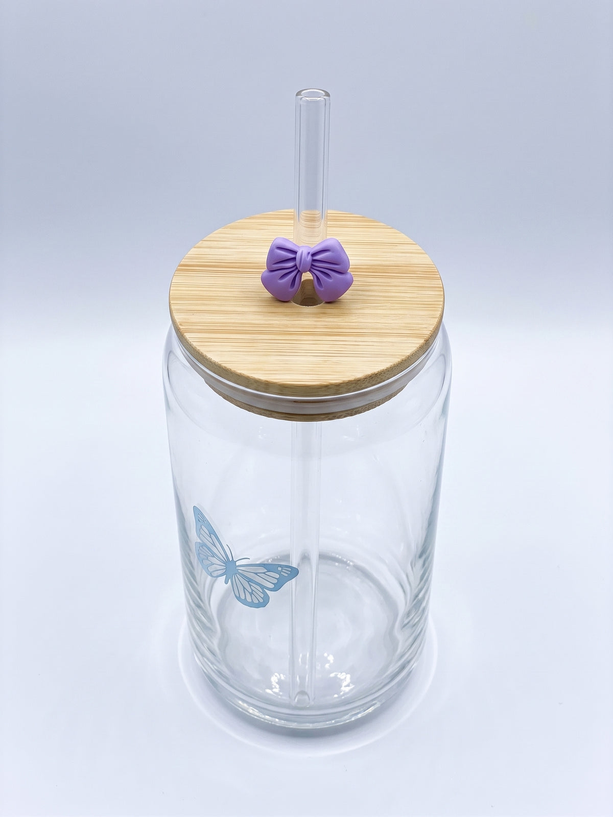 Bigman Butterfly Glass Can Tumbler with Bamboo Lid & Straw