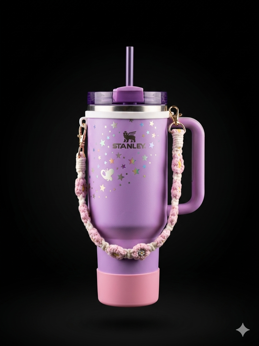 Bigman SnuggleStar Cup 40oz Insulated Tumbler with Handle & Straw | Stainless Steel Vacuum Travel Mug | Cute Star Design with Crochet Strap  Keeps Drinks Hot & Cold