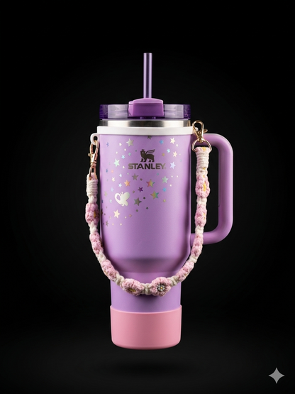 Bigman SnuggleStar Cup 40oz Insulated Tumbler with Handle & Straw | Stainless Steel Vacuum Travel Mug | Cute Star Design with Crochet Strap  Keeps Drinks Hot & Cold