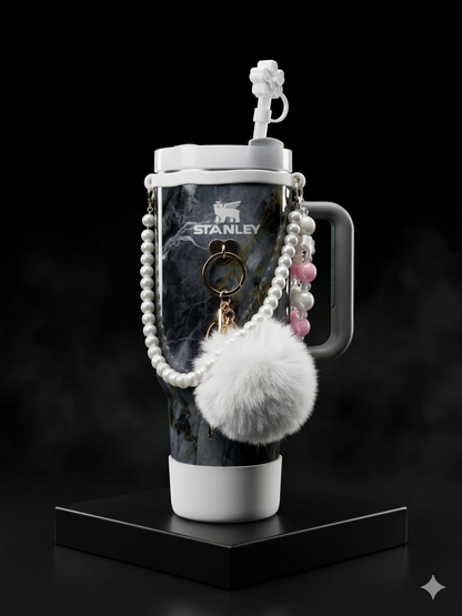 Bigman TrendSip 40oz Tumbler – Premium Insulated Travel Mug with Handle & Straw, Aesthetic Marble Design with Charm Accessories for Women & Girls