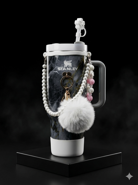 Bigman TrendSip 40oz Tumbler – Premium Insulated Travel Mug with Handle & Straw, Aesthetic Marble Design with Charm Accessories for Women & Girls
