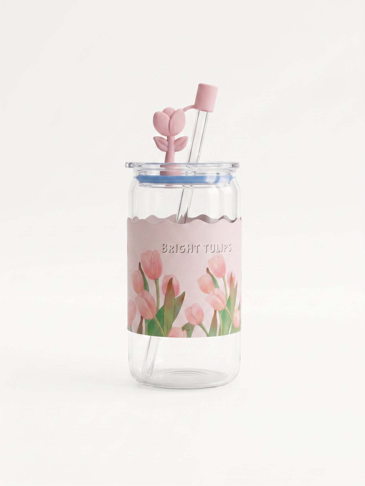 Bigman Floral Tulip Iced Coffee Glass Cup with Straw