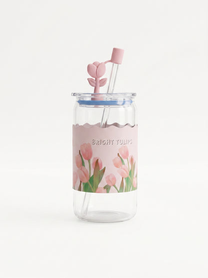 Bigman Floral Tulip Iced Coffee Glass Cup with Straw