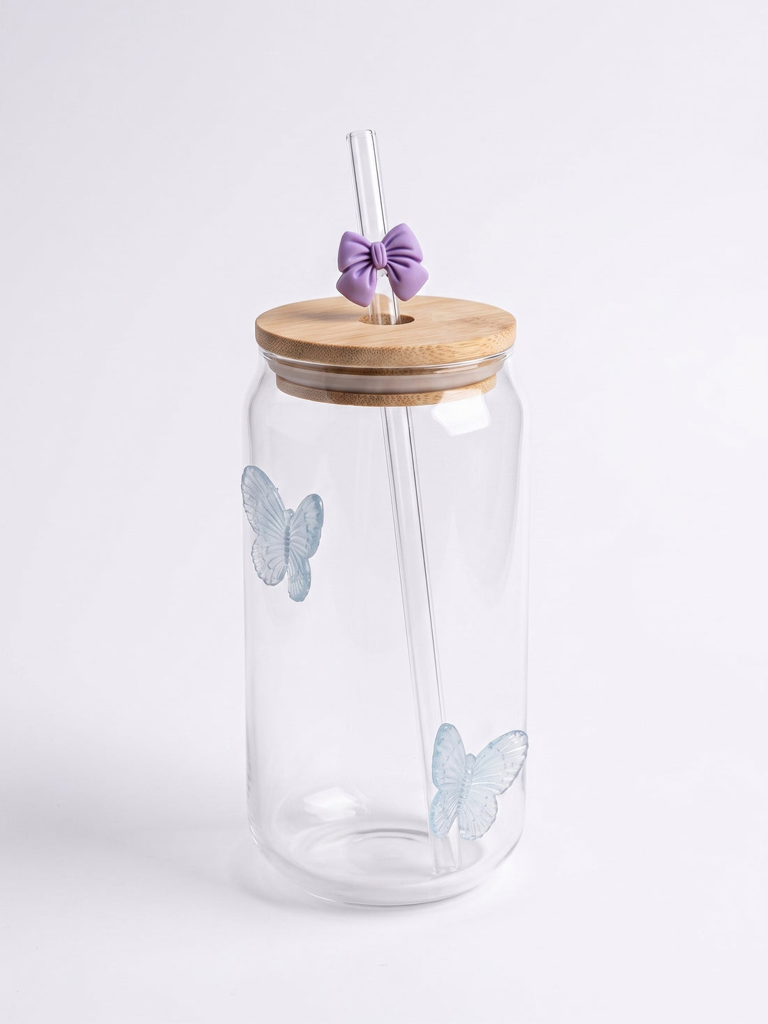 Bigman Butterfly Glass Can Tumbler with Bamboo Lid & Straw