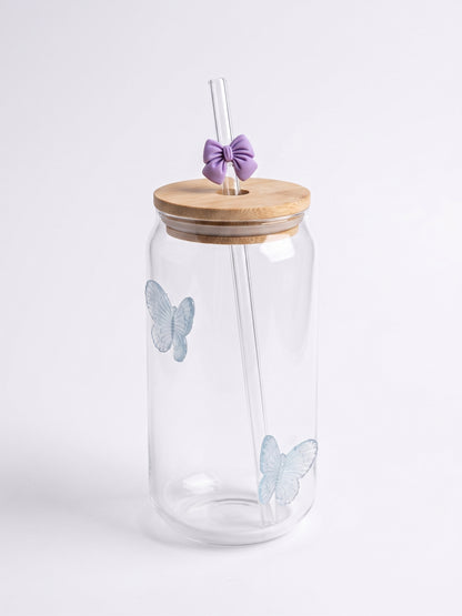 Bigman Butterfly Glass Can Tumbler with Bamboo Lid & Straw